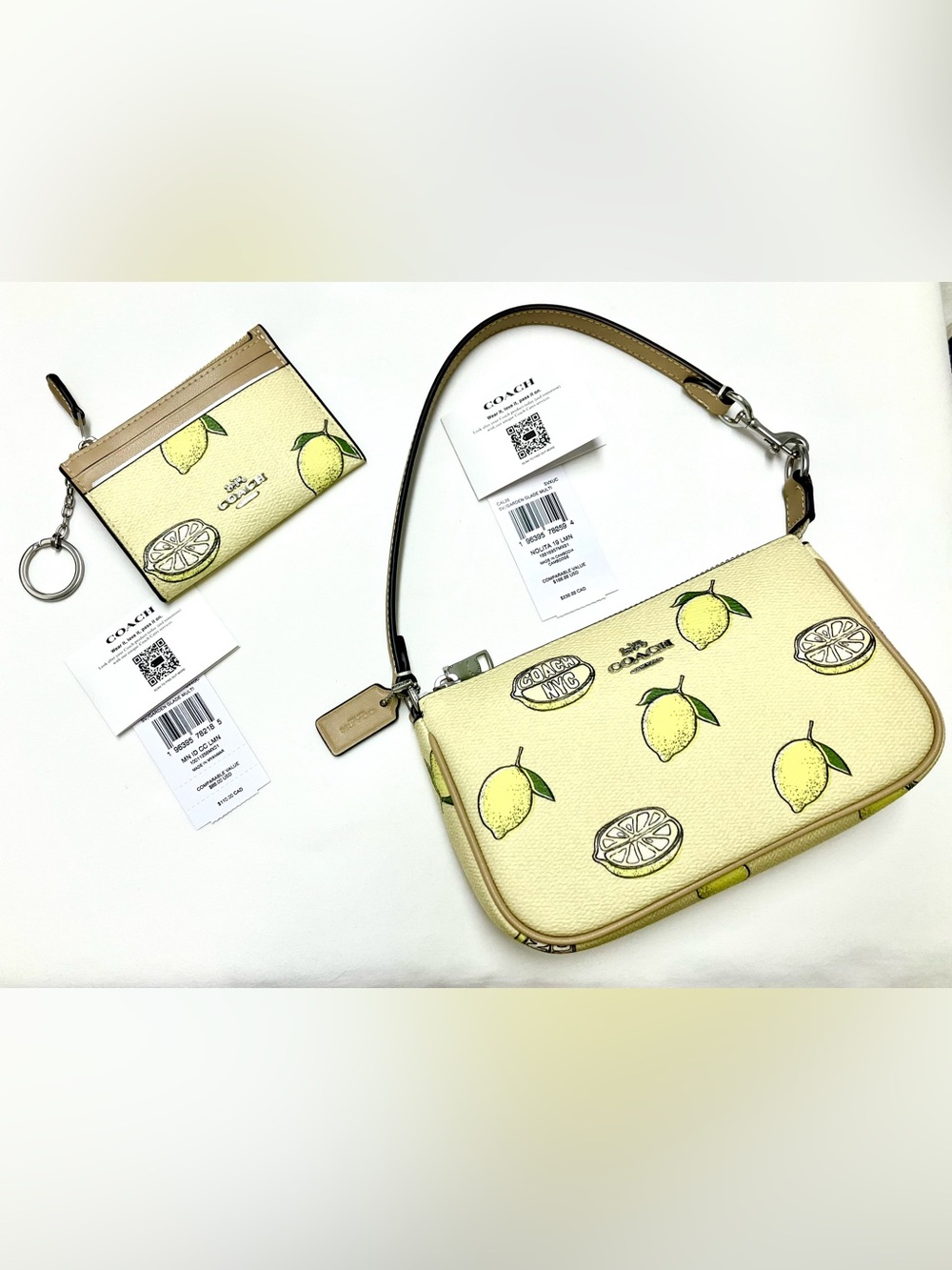 Coach Nolita 19 Lemon Print Bag and ID card in Pale Yellow with Green Accents